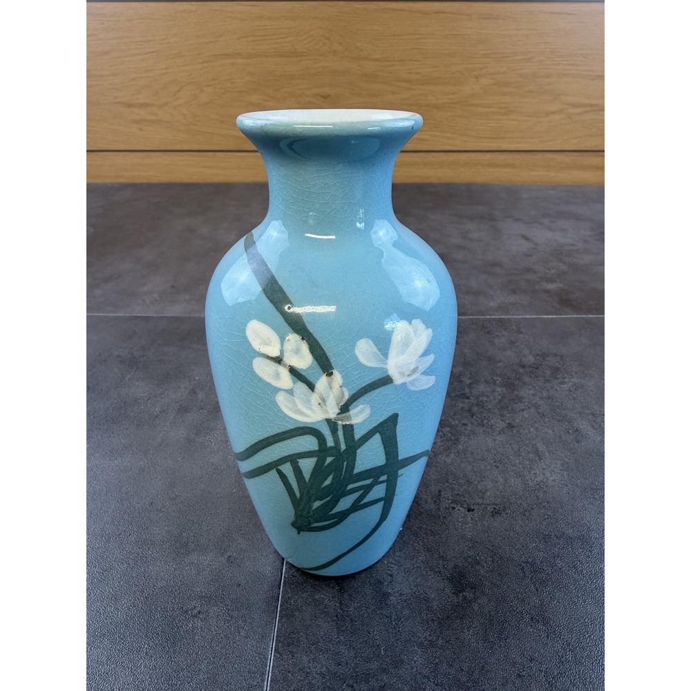 VTG Sam Sook Taiwan Ceramic Vase Blue Crackle Glaze Floaral MCM -6.5 inches
